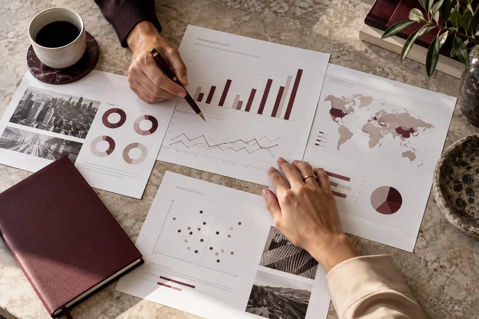 Análisis de mercado sobre informes y gráficos borgoña